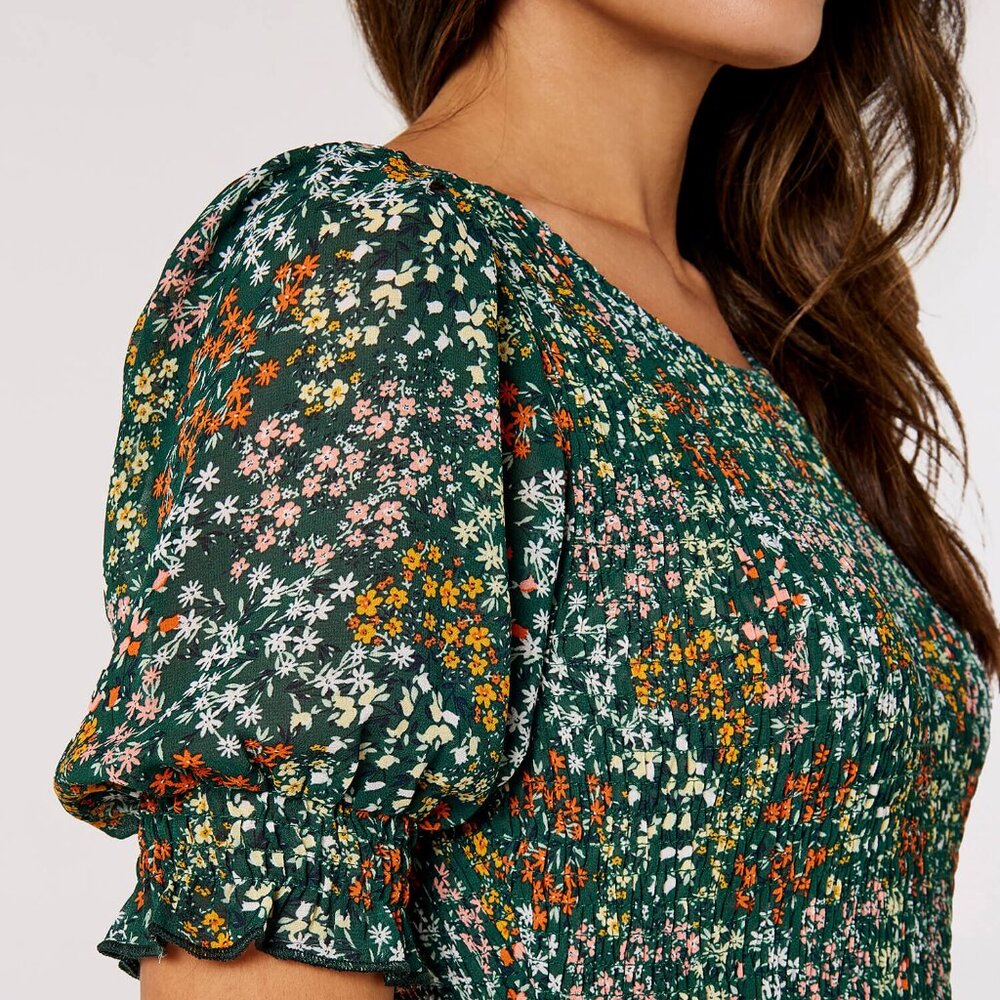 Puff Sleeve Floral Midi Dress with Smocked Bodice - Picture 2 of 7